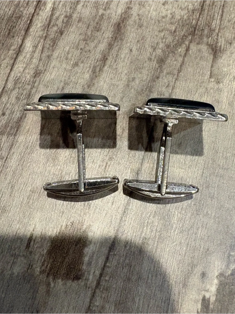 Silver Tone Cuff Links With Large Square Black/ White Swirl Inlay Stone